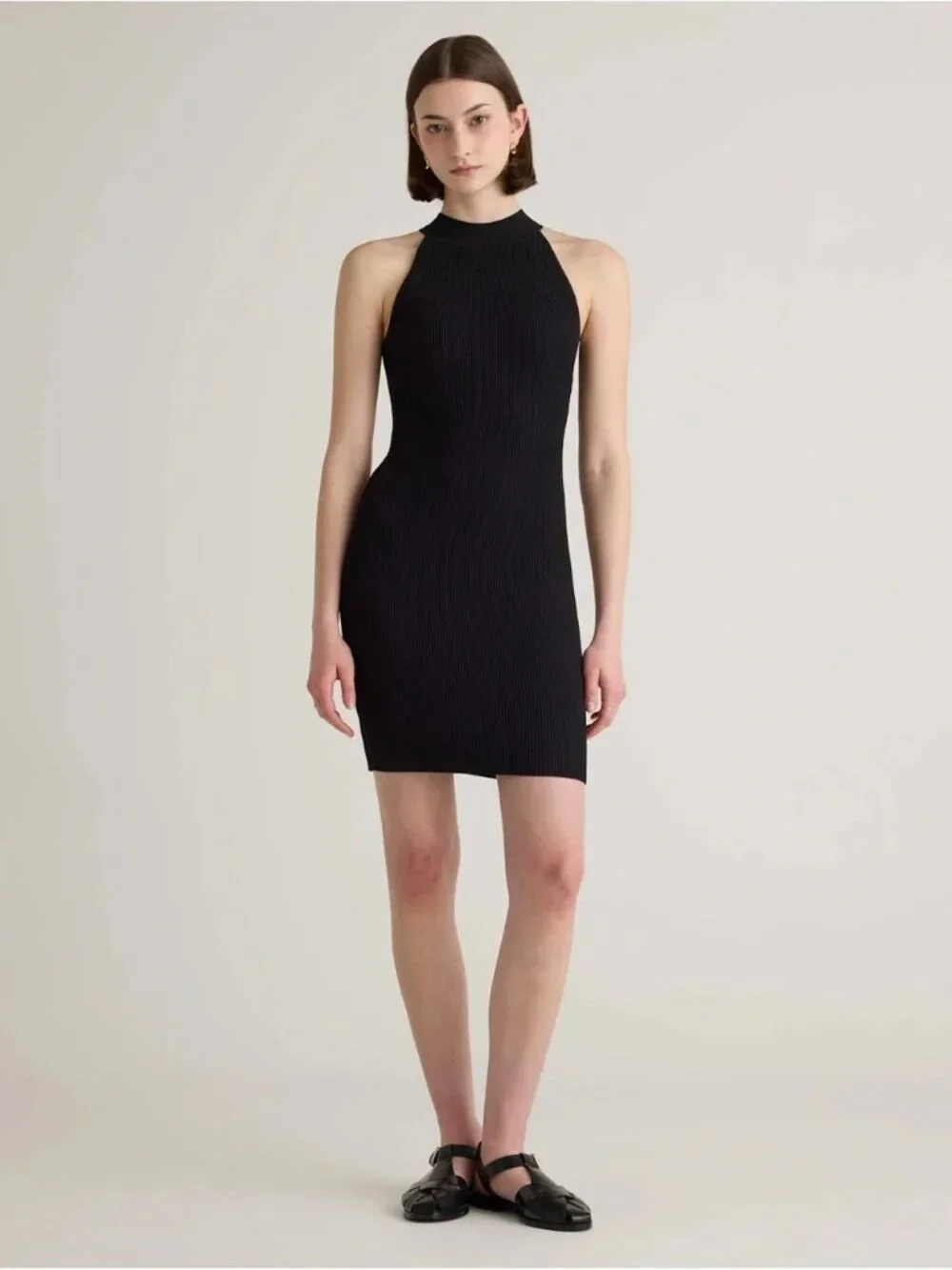 QUINCE Mockneck Halter Ribbed Knit Sweater Dress Womens XS Black Bodycon Mini‎